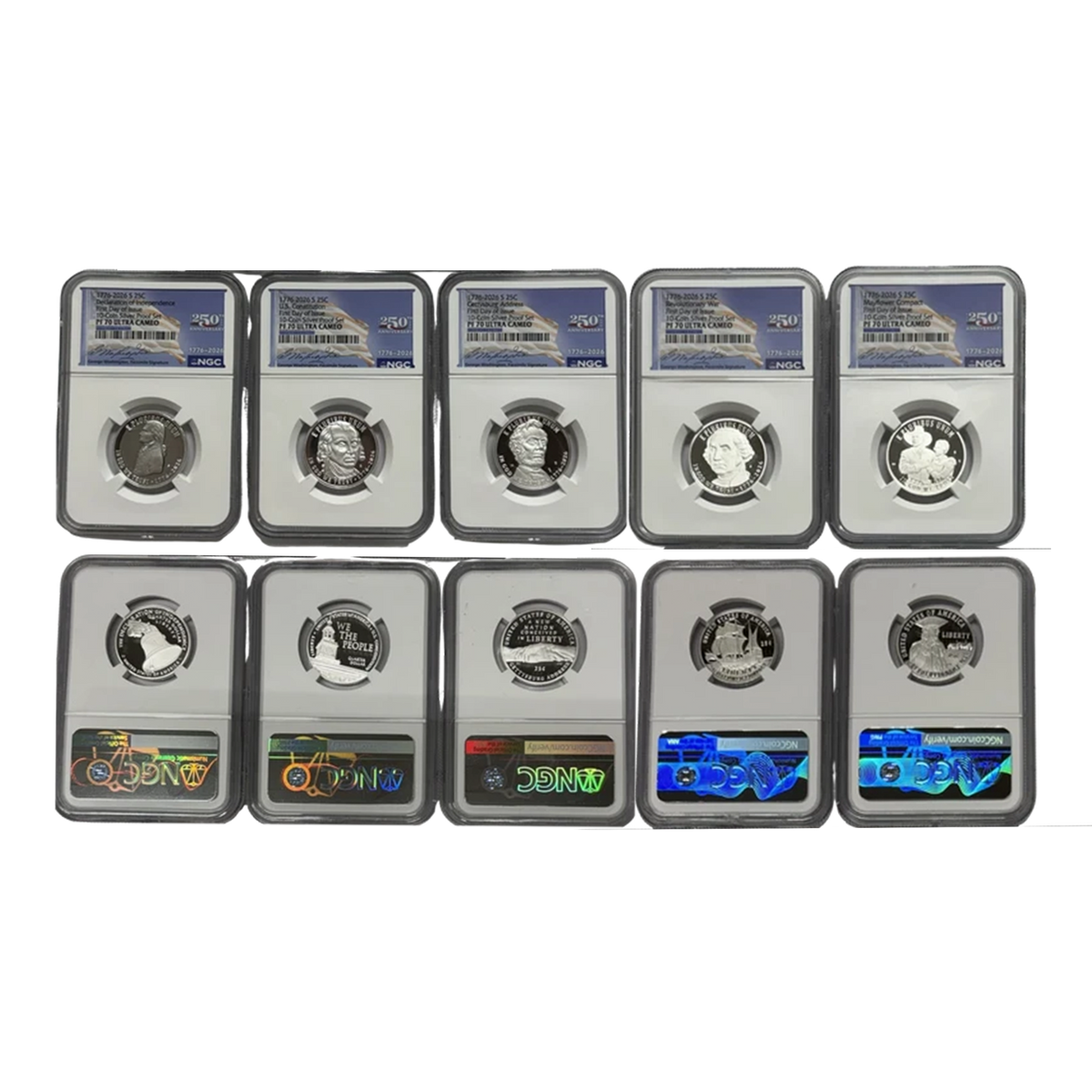 2026-S Dual Date Silver Proof Quarter 5 pc Set - NGC PF70 FDOI 250th Anniversary Label - CoinsTV