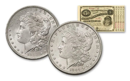 1883–1884-O Morgan Silver Dollars $5 - State of Louisiana Baby Bond - 3 pc Set BU - CoinsTV