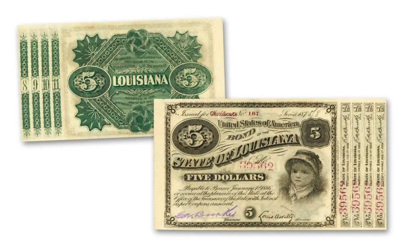 1883–1884-O Morgan Silver Dollars $5 - State of Louisiana Baby Bond - 3 pc Set BU - CoinsTV