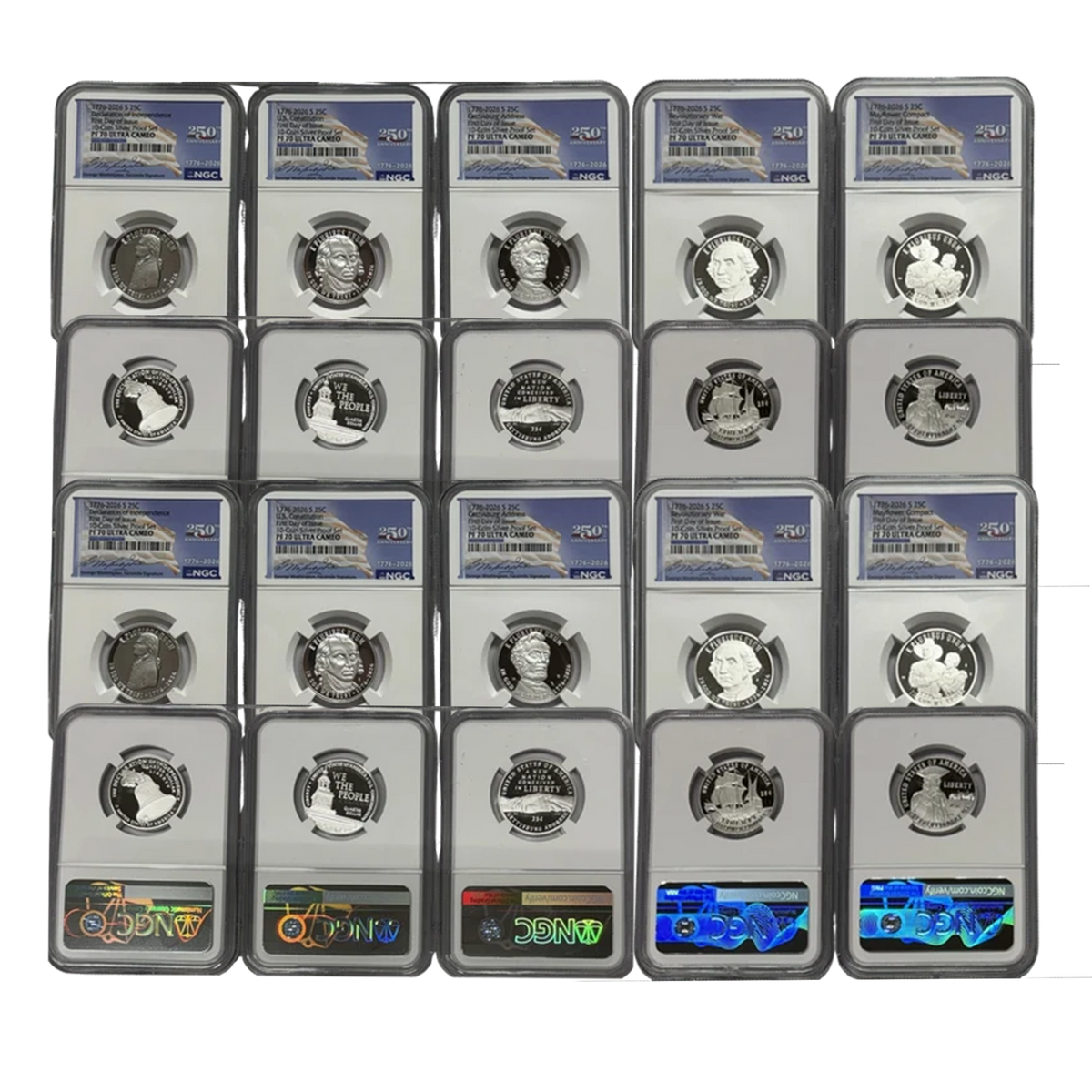 2026-S Dual Date Silver Proof Quarter 5 pc Set - NGC PF70 FDOI 250th Anniversary Label - CoinsTV