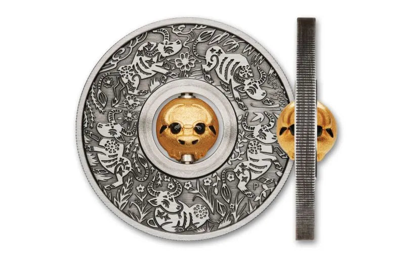 2021 Tuvalu Year of the Ox Rotating Charm Antique 1 oz Silver