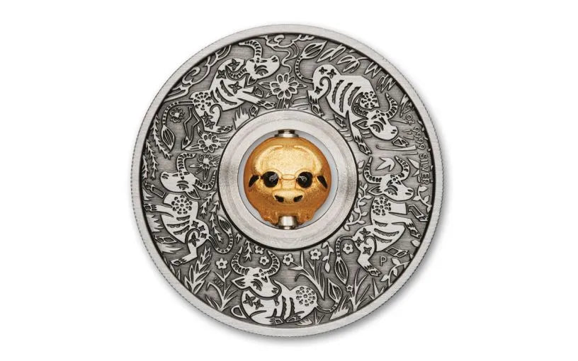 2021 Tuvalu Year of the Ox Rotating Charm Antique 1 oz Silver