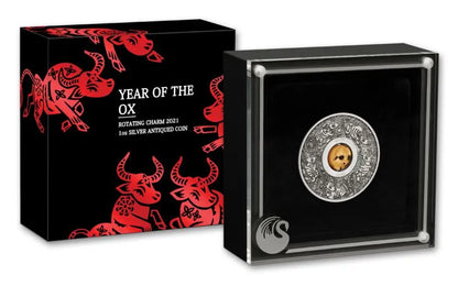 2021 Tuvalu Year of the Ox Rotating Charm Antique 1 oz Silver