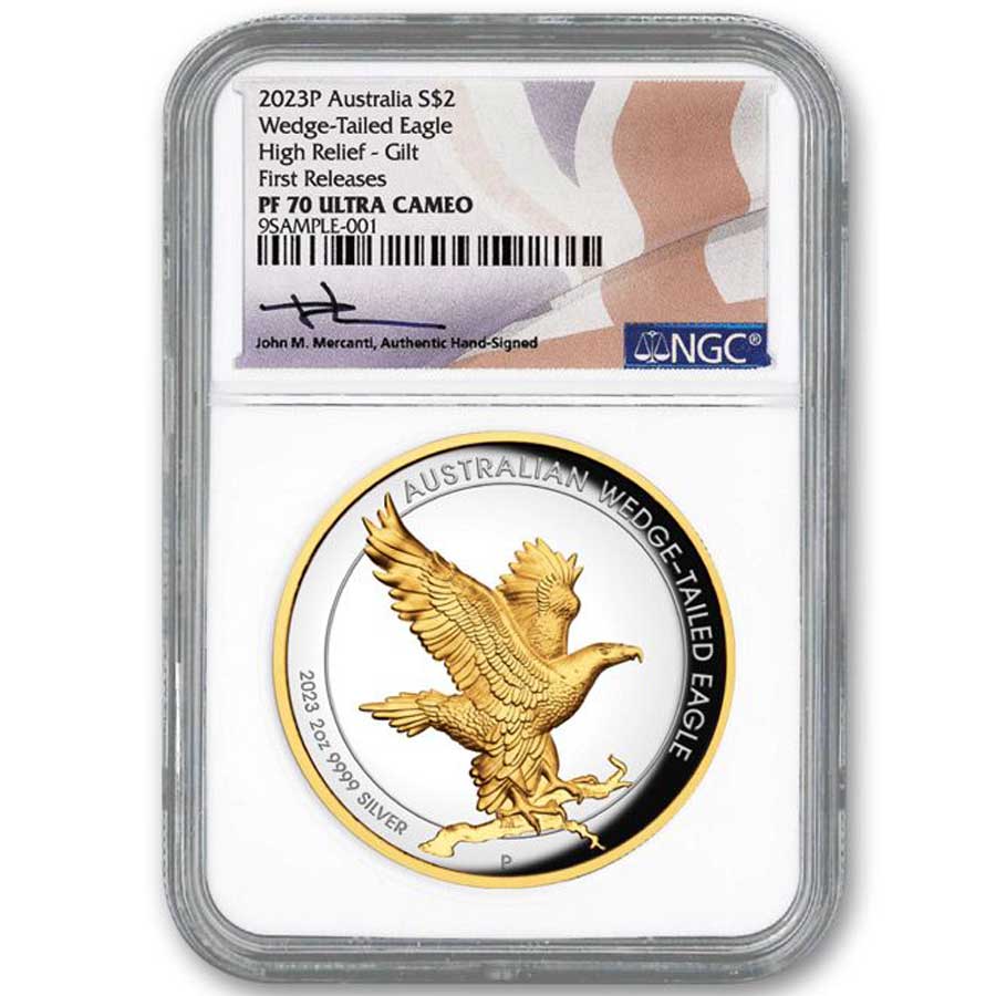 2023-P Australian Wedge Tailed Eagle 2 oz Silver Gilded Piedfort - NGC PF70 High-Relief - CoinsTV