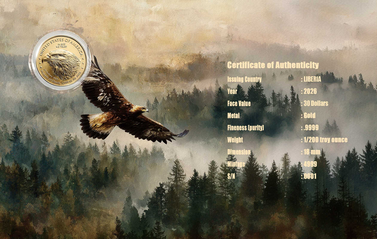 2026 Liberia American Gold Eagle 1/200 oz Gold Coin in Card