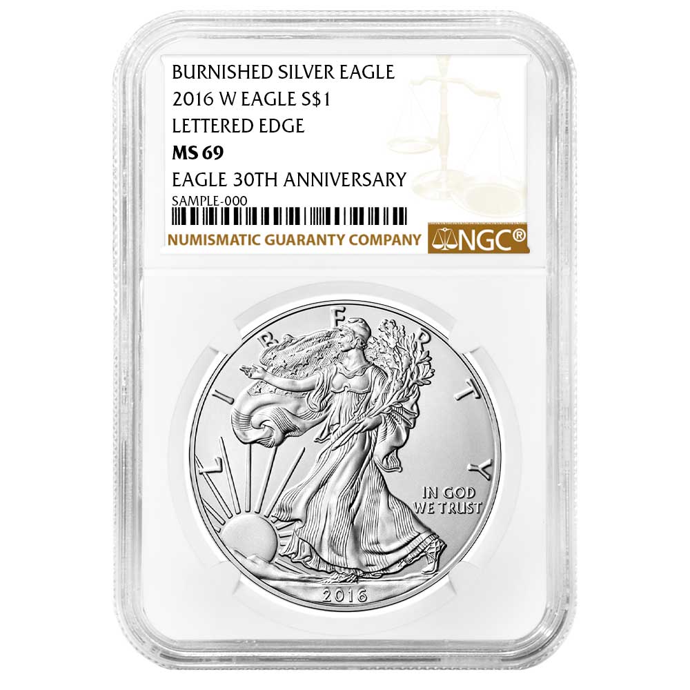 2016-W Burnished Silver Eagle - Brown Label Lettered Edge 30th Anniversary - NGC MS69 - CoinsTV