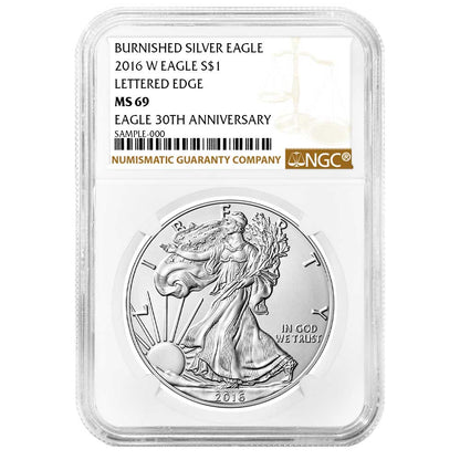 2016-W Burnished Silver Eagle - Brown Label Lettered Edge 30th Anniversary - NGC MS69 - CoinsTV