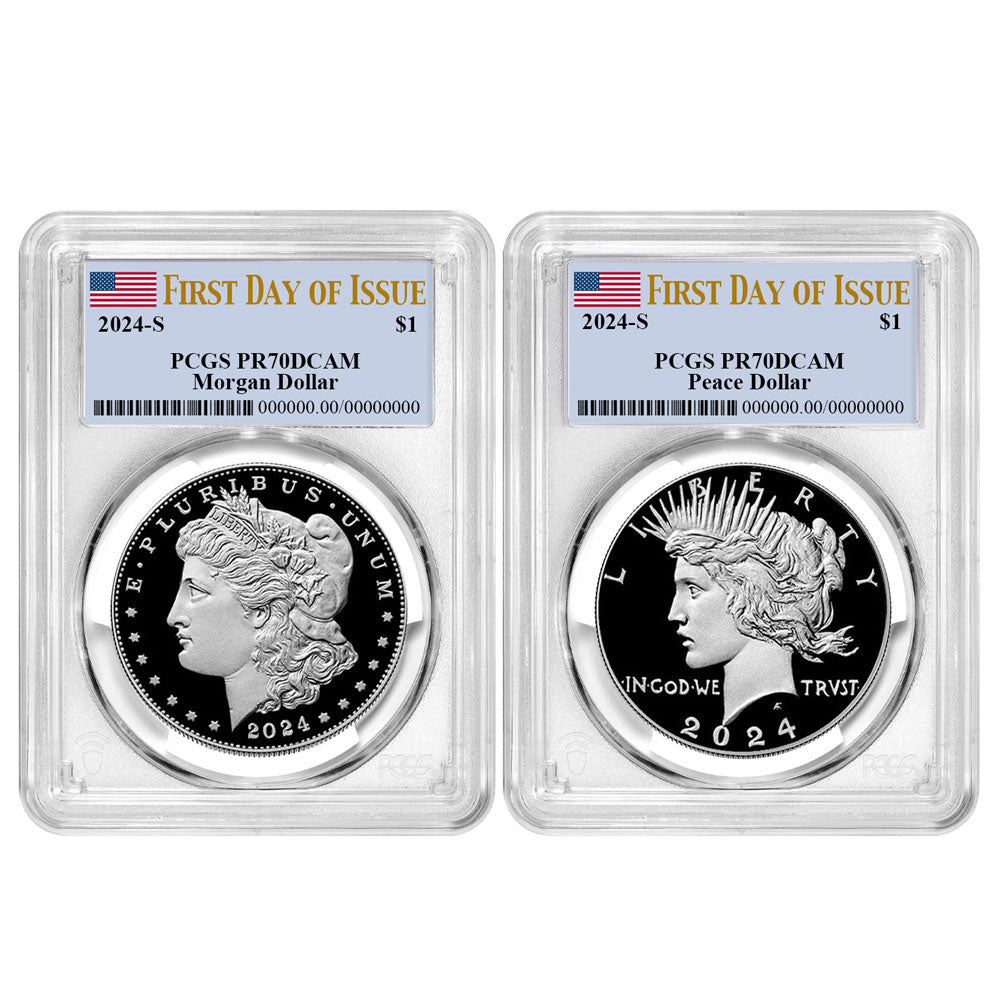 2024-S Morgan and Peace Silver Dollar Flag Label 2 pc Set - PCGS PR70DCAM FDOI - CoinsTV