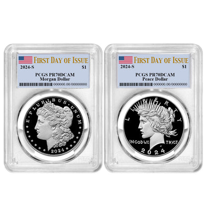 2024-S Morgan and Peace Silver Dollar Flag Label 2 pc Set - PCGS PR70DCAM FDOI - CoinsTV