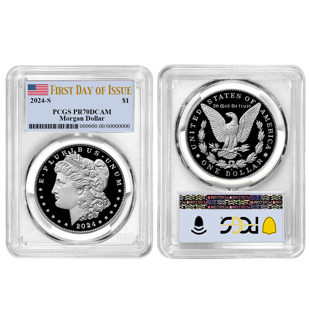 2024-S Morgan and Peace Silver Dollar Flag Label 2 pc Set - PCGS PR70DCAM FDOI - CoinsTV