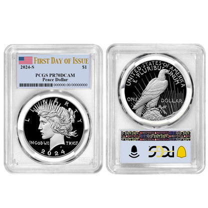 2024-S Morgan and Peace Silver Dollar Flag Label 2 pc Set - PCGS PR70DCAM FDOI - CoinsTV