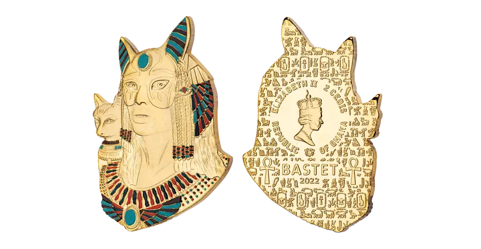 2022 Ghana 2 Cedis CuNi Legacy Of Egypt Bastet with Gold Plating - Uncirculated - CoinsTV