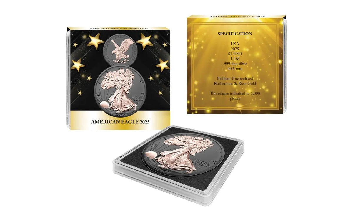2025 Silver Eagle Black Ruthenium & Rose Gold 1 oz Silver - BU - CoinsTV