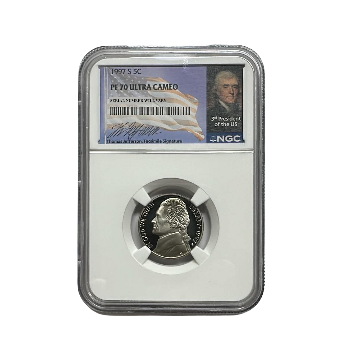1997-S Jefferson Nickel - NGC PF70UCAM Jefferson Signature Flag Label