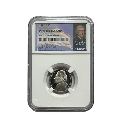 1997-S Jefferson Nickel - NGC PF70UCAM Jefferson Signature Flag Label