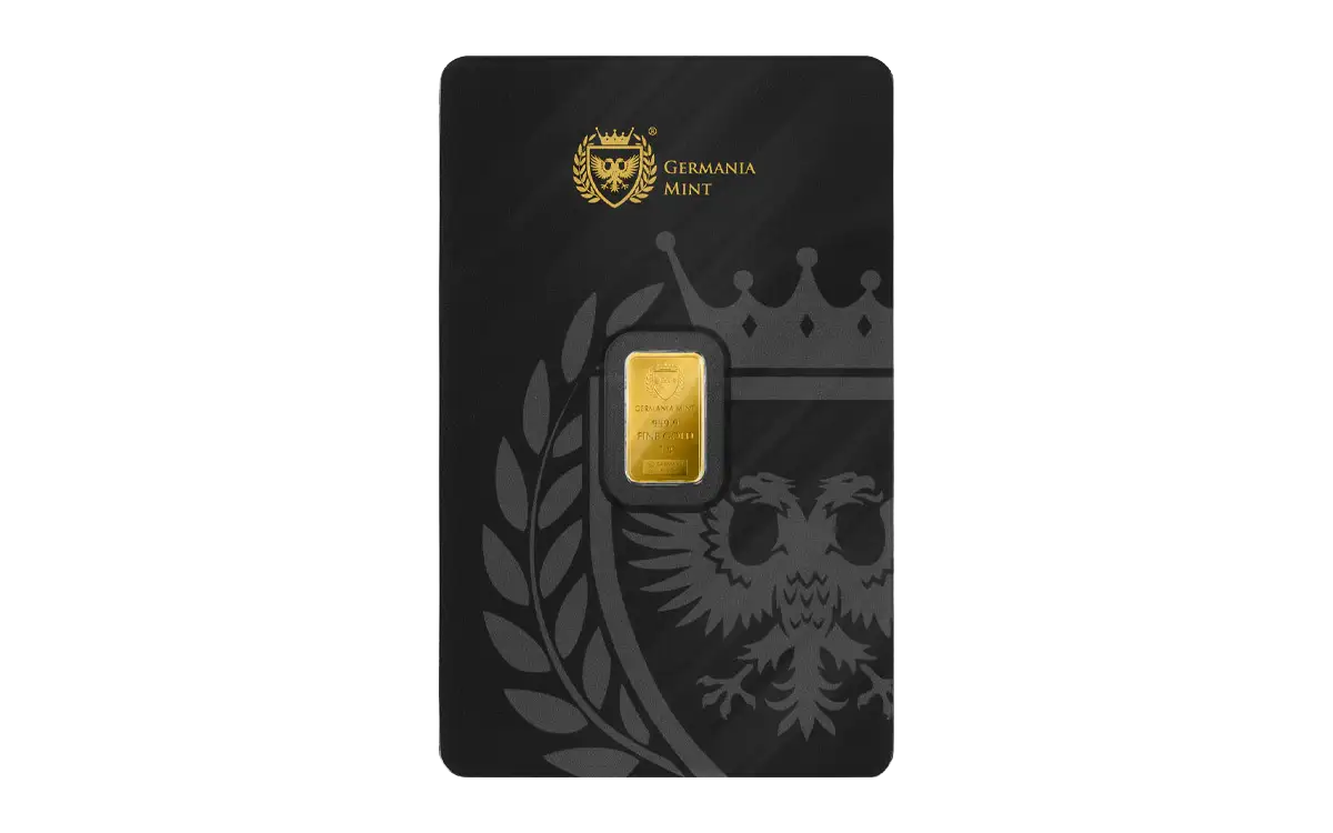 Germania Mint Minted Bar with Assay Card 1 gram Gold - CoinsTV