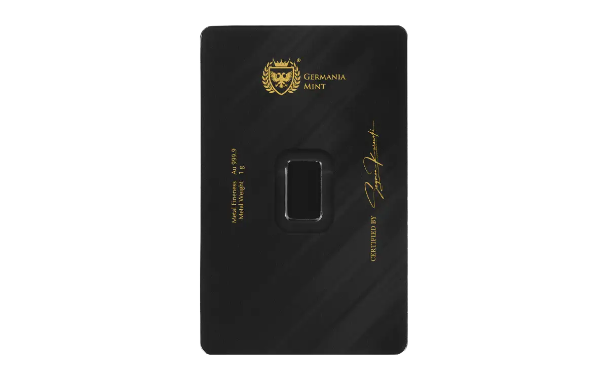 Germania Mint Minted Bar with Assay Card 1 gram Gold - CoinsTV