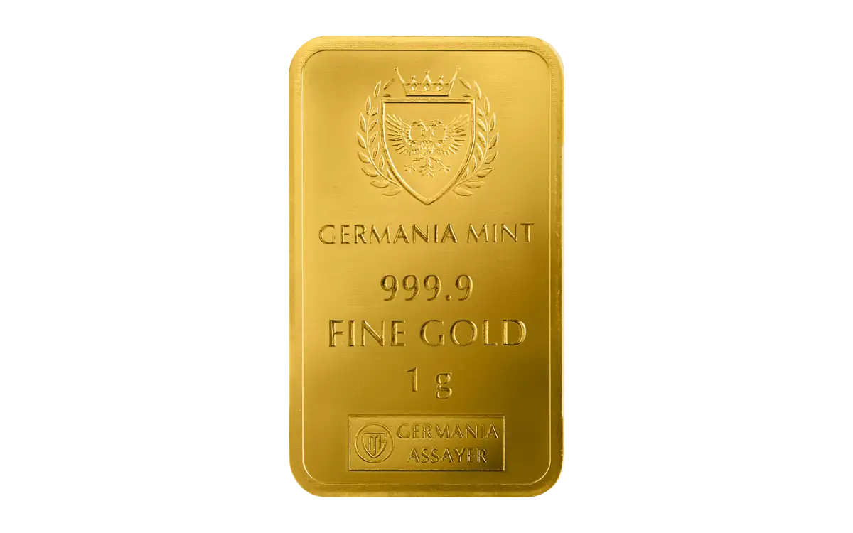 Germania Mint Minted Bar with Assay Card 1 gram Gold - CoinsTV