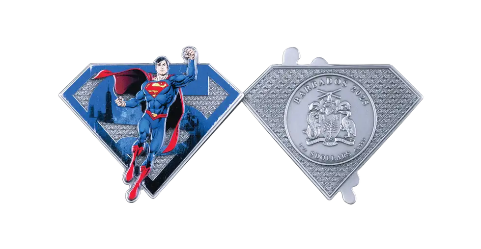 2025 Barbados Superman Shaped Antiqued 3 oz Silver Coin - CoinsTV