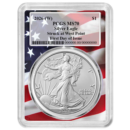 2026(W) Silver Eagle - PCGS MS70 FDOI Flag Frame - CoinsTV