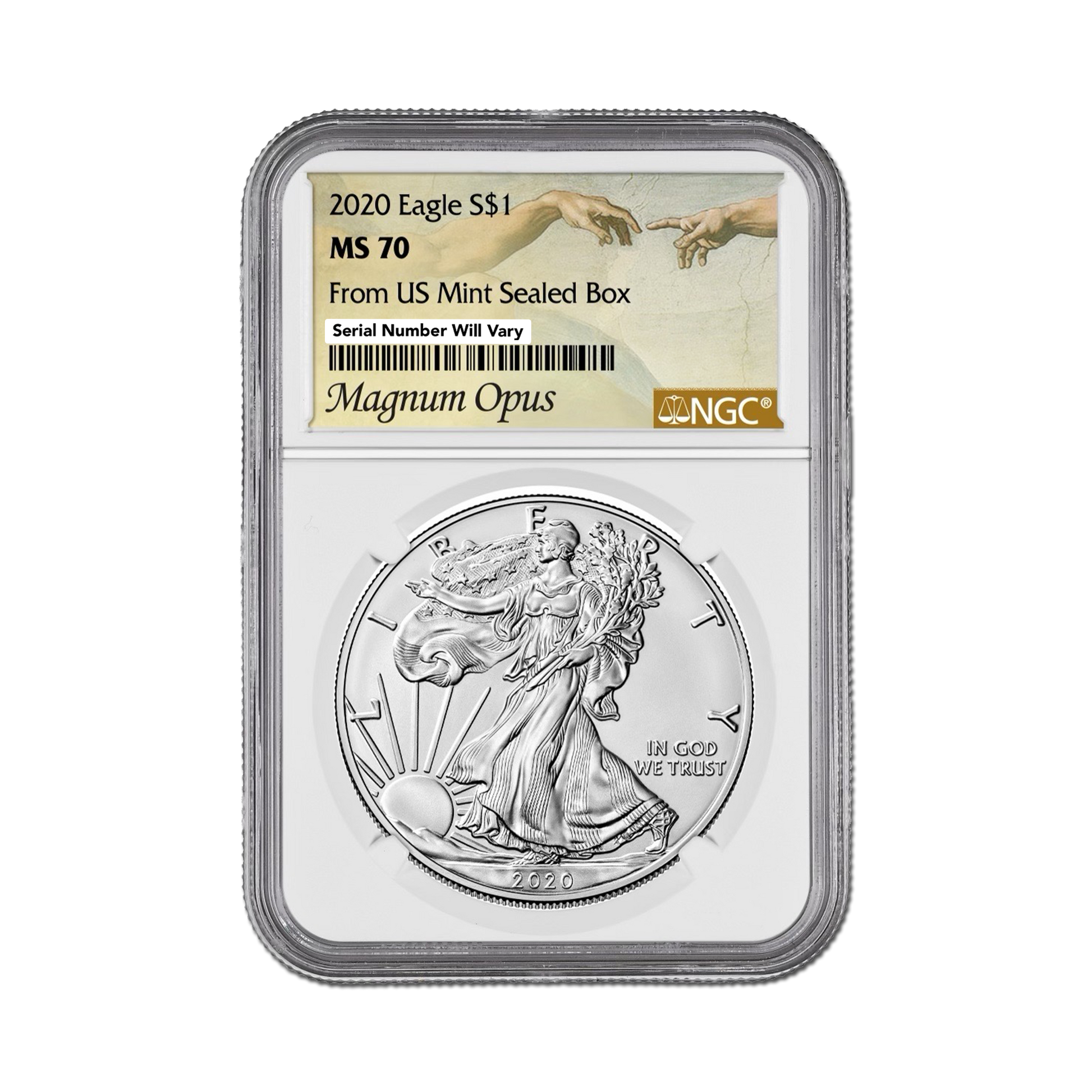 2020 Silver Eagle - From US Mint Sealed Box - Magnum Opus Label - NGC MS70 - CoinsTV