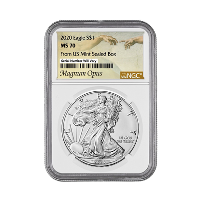 2020 Silver Eagle - From US Mint Sealed Box - Magnum Opus Label - NGC MS70 - CoinsTV