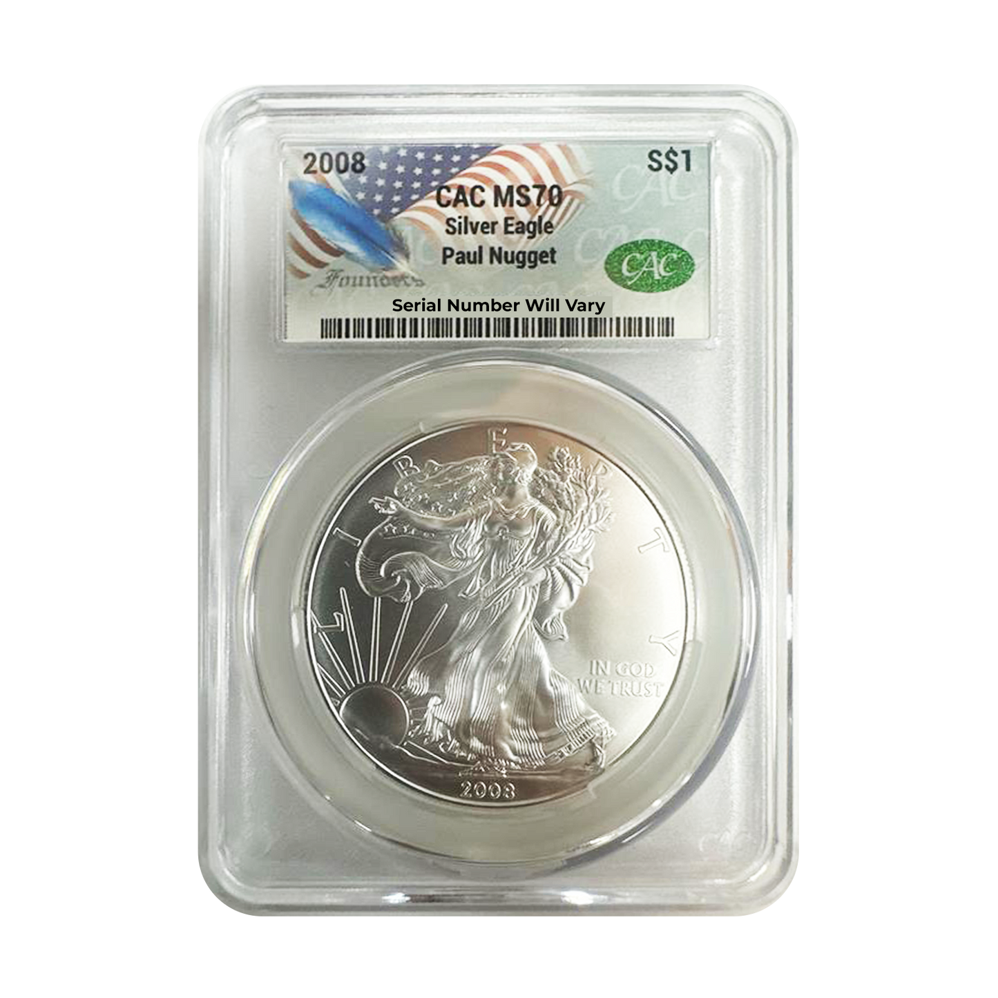 2008 Silver Eagle - Paul Nugget Signature Label - CAC MS70 - CoinsTV