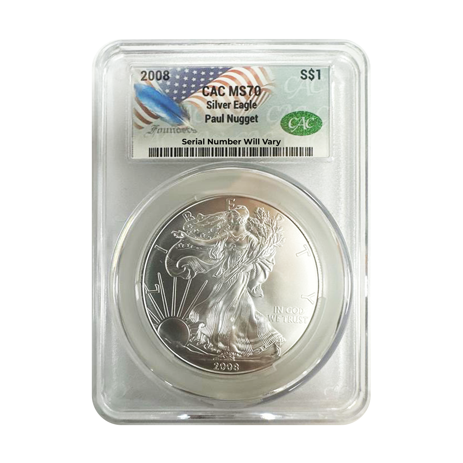 2008 Silver Eagle - Paul Nugget Signature Label - CAC MS70 - CoinsTV