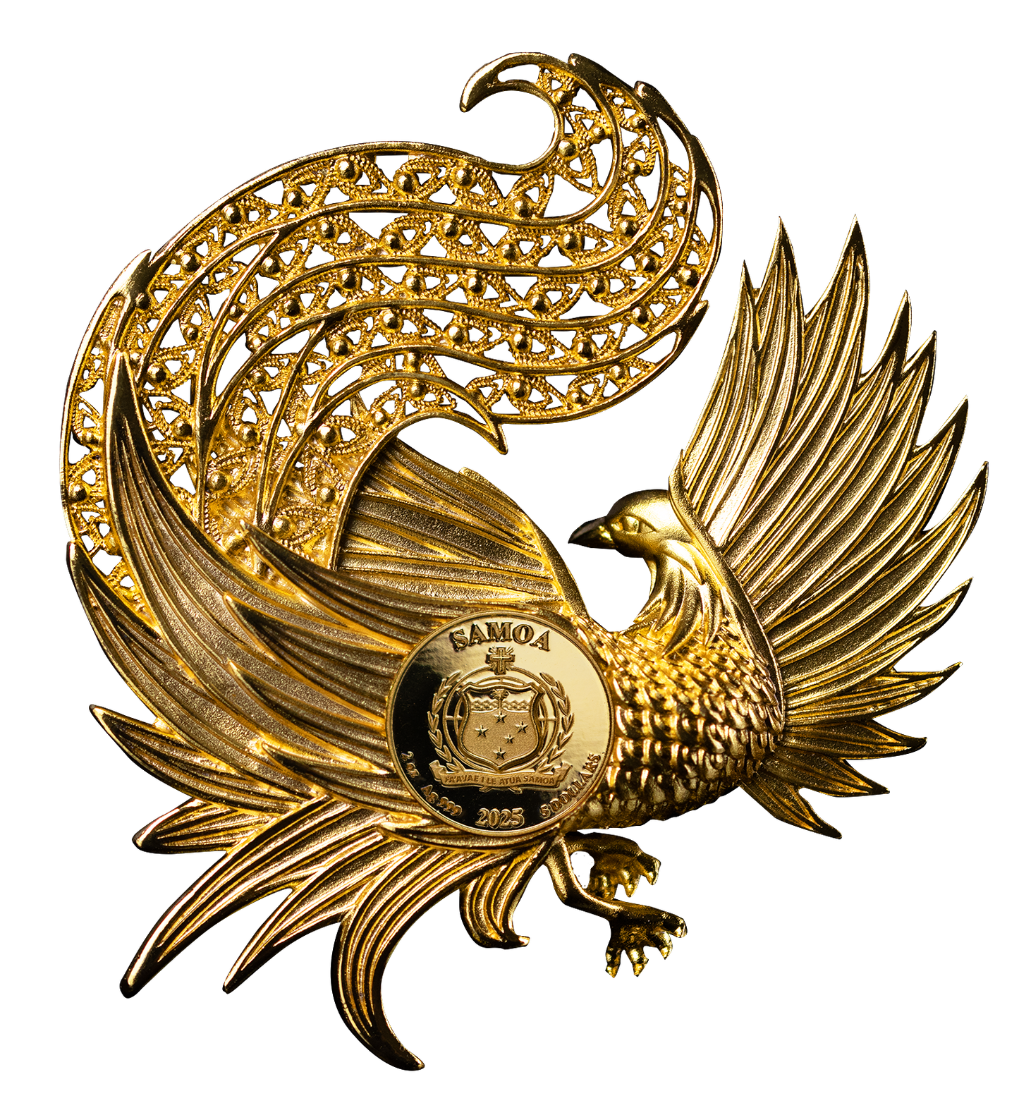 2025 Samoa Filigree Shaped Phoenix 2 oz Silver - 24k Gold Enhanced Coin - CoinsTV