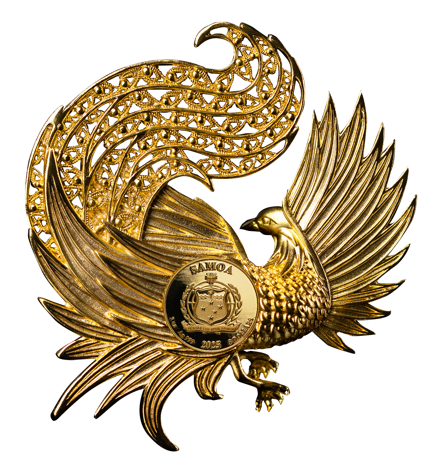 2025 Samoa Filigree Shaped Phoenix 2 oz Silver - 24k Gold Enhanced Coin - CoinsTV