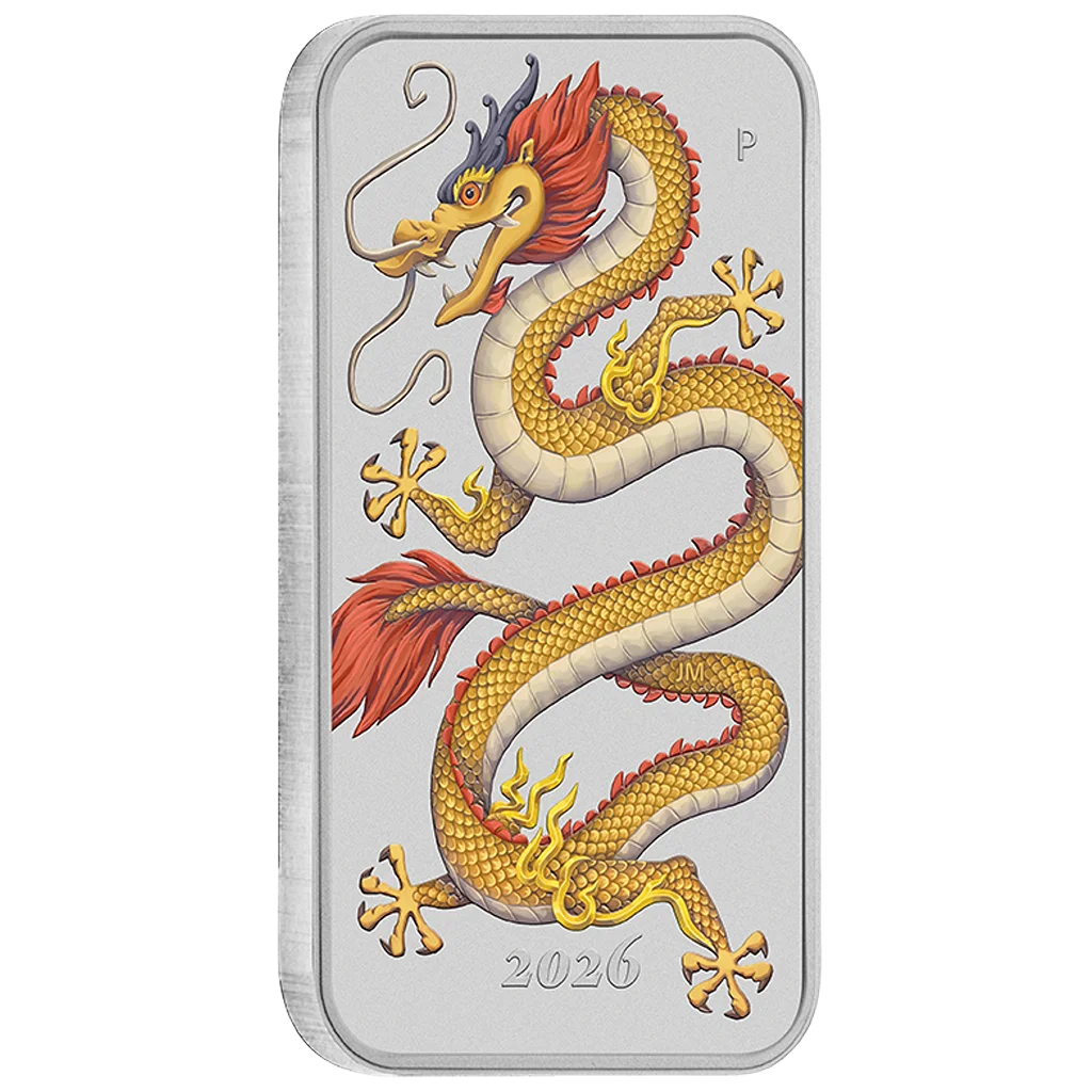 2026 Australia Golden Dragon Bar Colorized 1 oz Silver Coin in Card