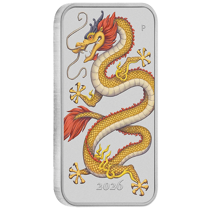 2026 Australia Golden Dragon Bar Colorized 1 oz Silver Coin in Card
