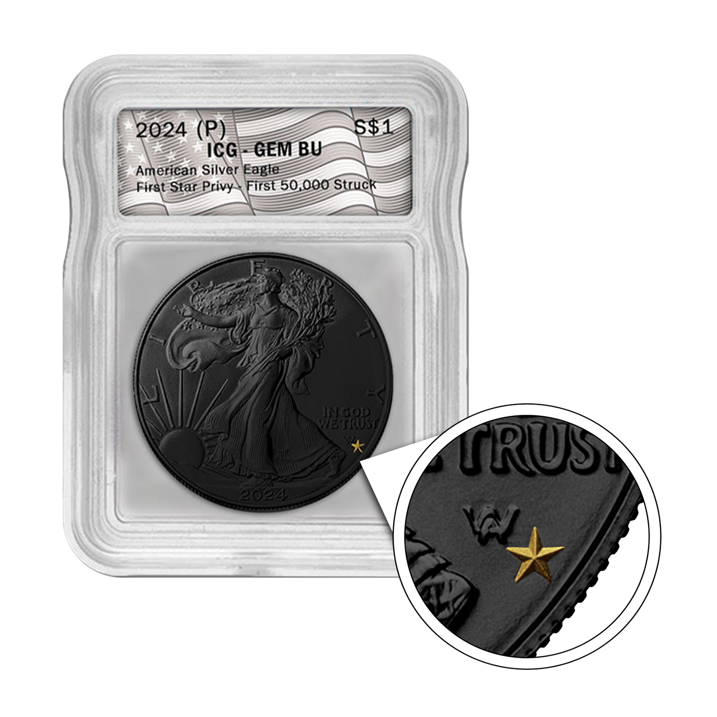 2024年　イーグル銀貨 FIRST STRIKE STAR privy 2024 (P) $1 1 oz Silver Eagle Star Privy PCGS MS70 First