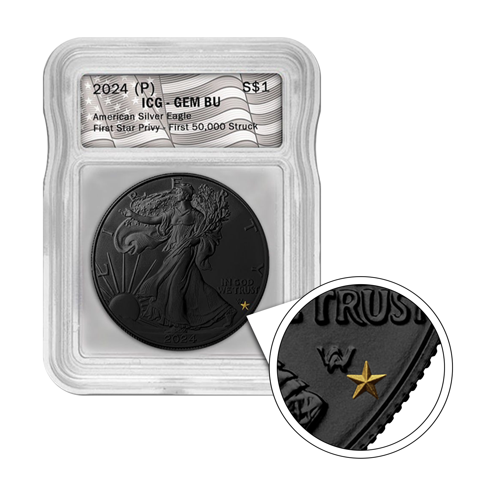 2024 (P) Silver Eagle First Star Privy - Black Ruthenium Enhancement and Gold Privy - ICG GEM BU - CoinsTV