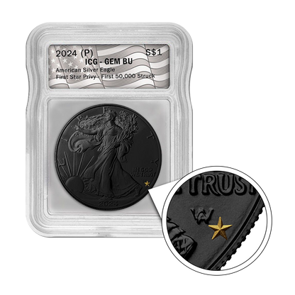 2024 (P) Silver Eagle First Star Privy - Black Ruthenium Enhancement and Gold Privy - ICG GEM BU - CoinsTV