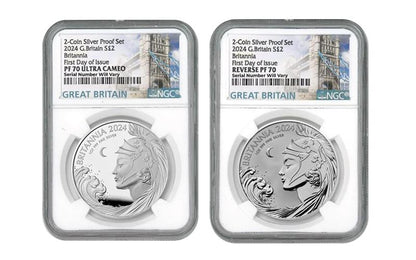 2024 Great Britain Britannia Proof & Reverse Proof 2-pc Set - Great Britain Label - NGC PF70 FDOI - CoinsTV