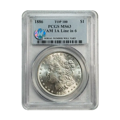 1886 Morgan Silver Dollar Philadelphia VAM 1A Line in 6 TOP 100 - PCGS MS63 Sight White - CoinsTV