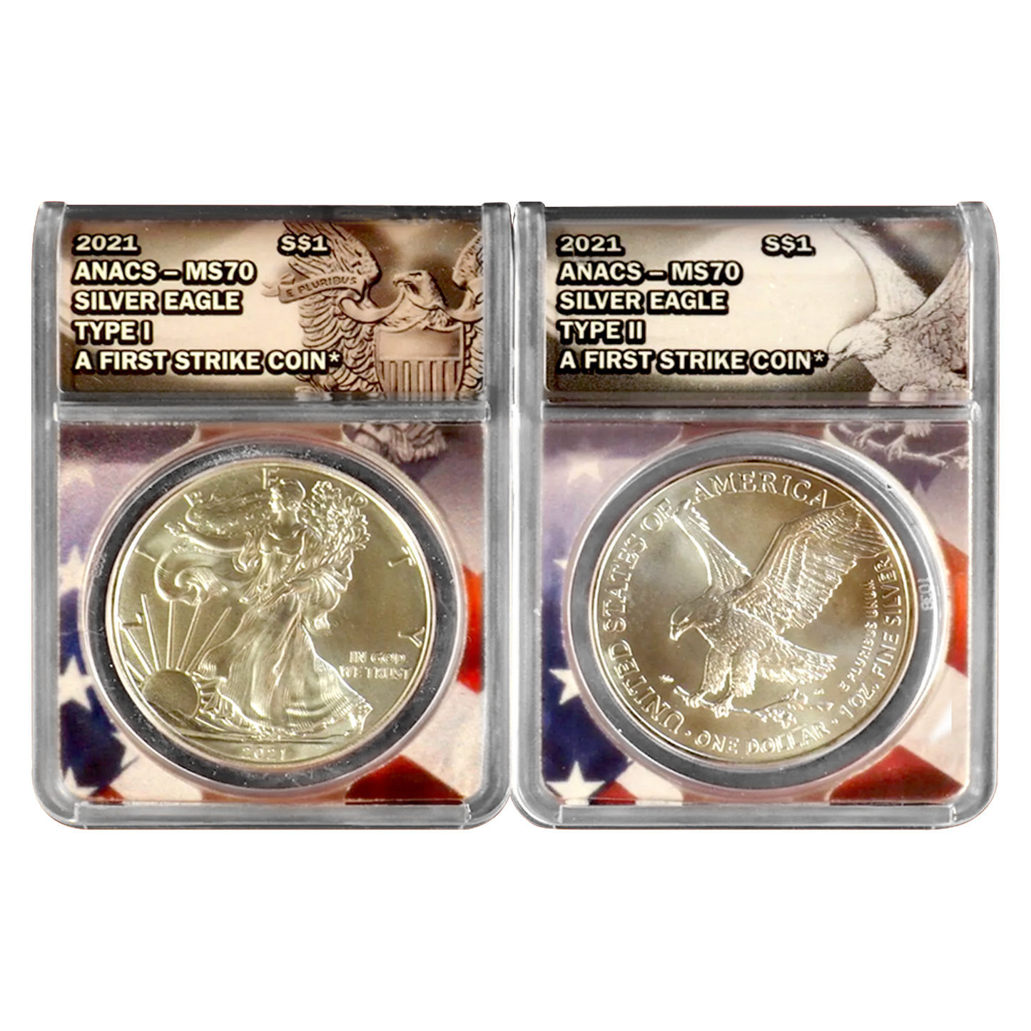 2021 Silver Eagle Type I & II Set - ANACS MS70 First Strike - CoinsTV