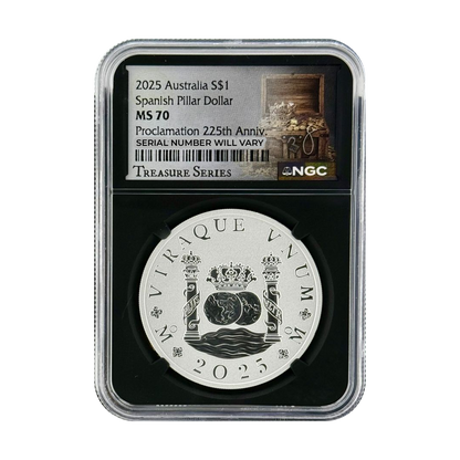 2025 Australia Spanish Pillar Dollar 225th Ann. 1 oz Silver Coin - NGC MS 70 Treasure Series - CoinsTV