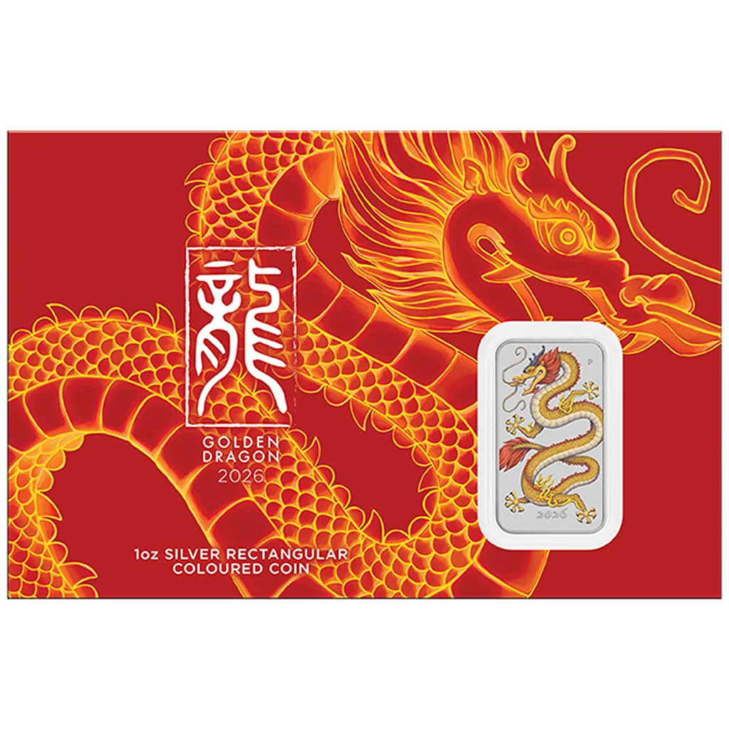2026 Australia Golden Dragon Bar Colorized 1 oz Silver Coin in Card