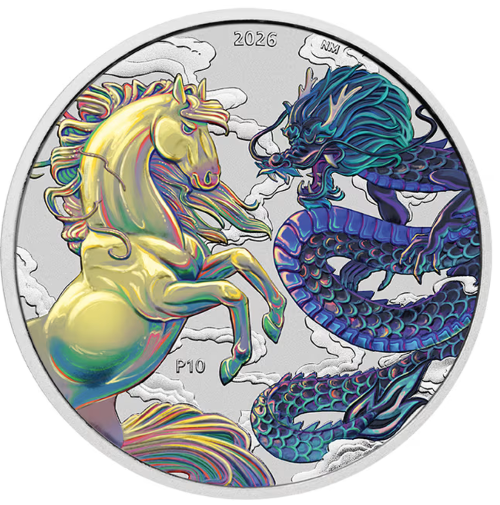 2026 Australia Chinese Myths and Legends Dragon & Horse Opalite 1 oz Silver Coin
