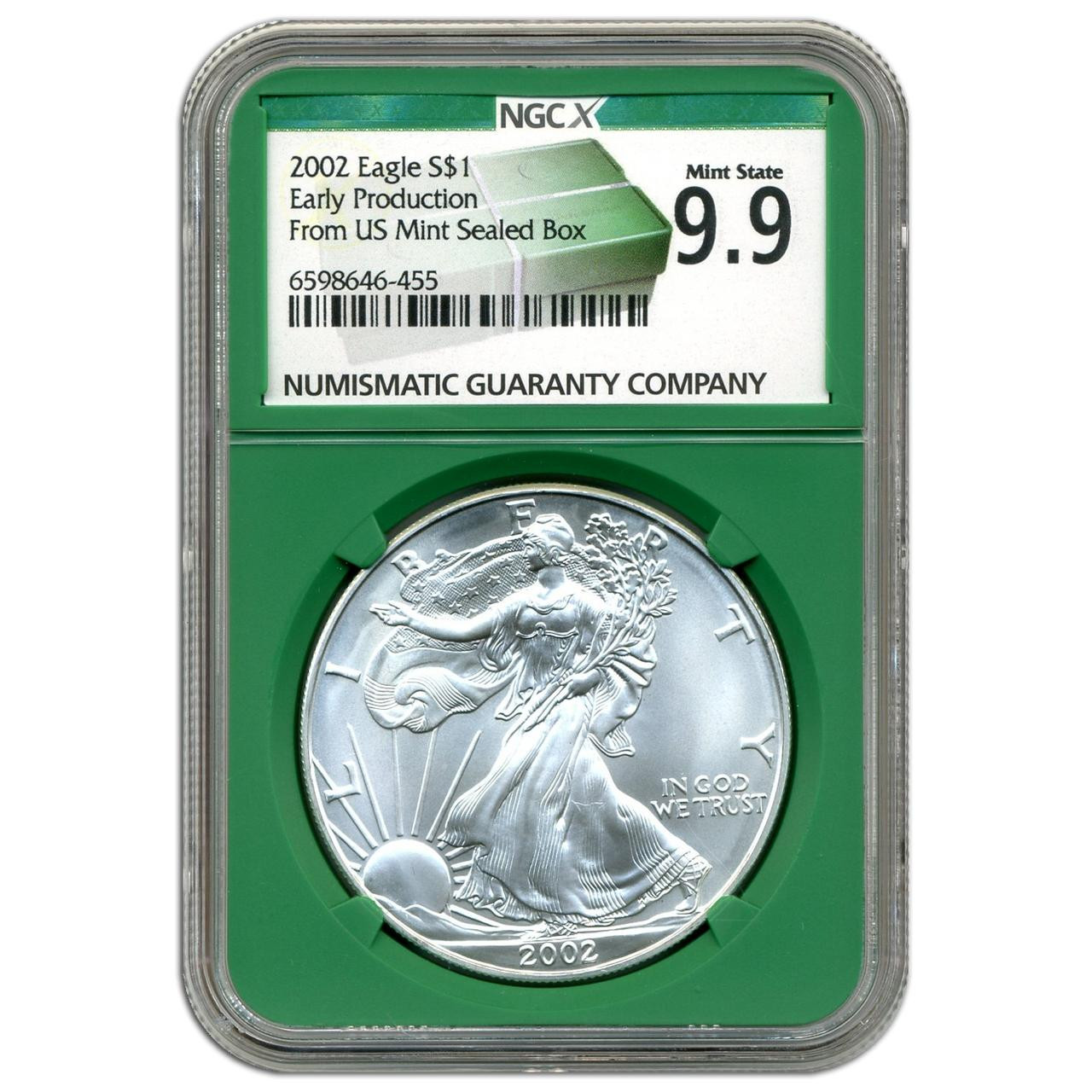 2002 Silver Eagle - Early Production - NGCX 9.9 Monster Box Label - CoinsTV