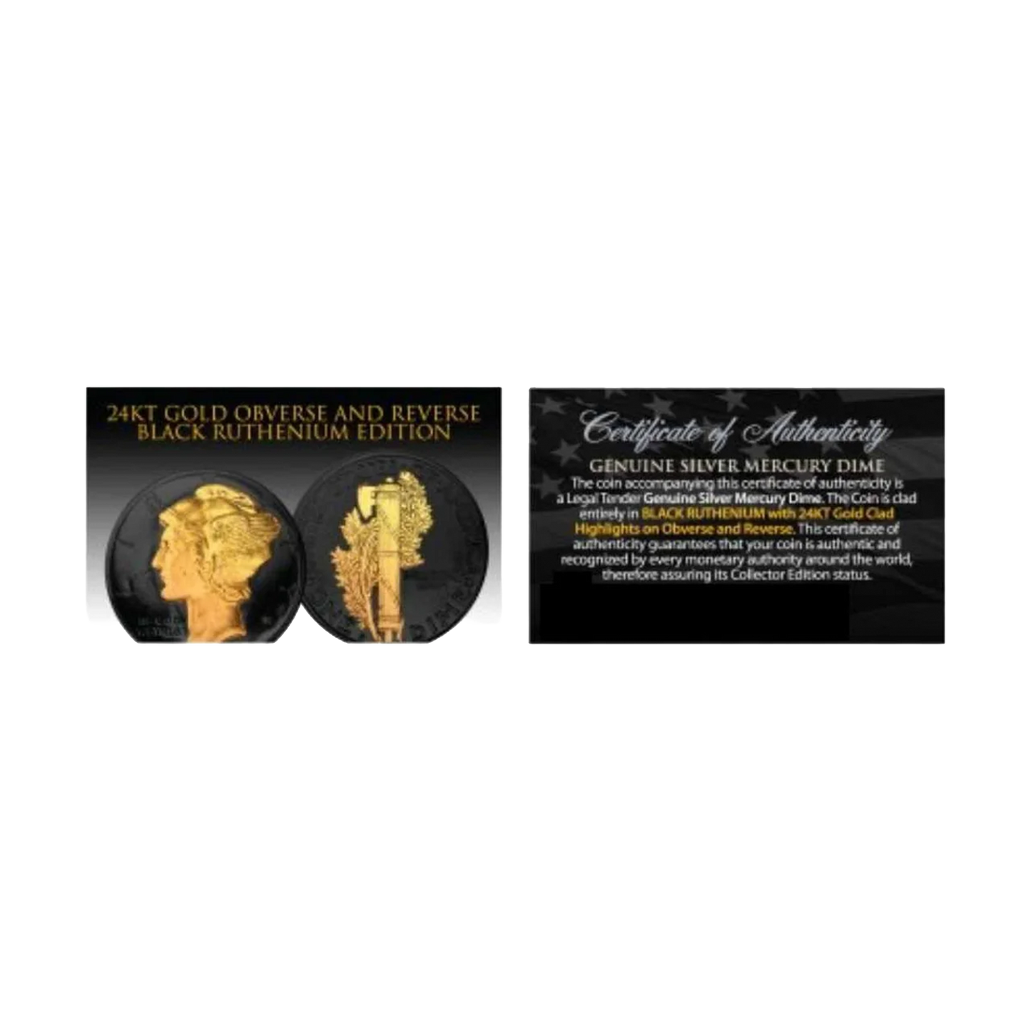 1916-1945 Mercury Silver Dime Black Ruthenium Plated w/ 24KT Gold Clad Highlights