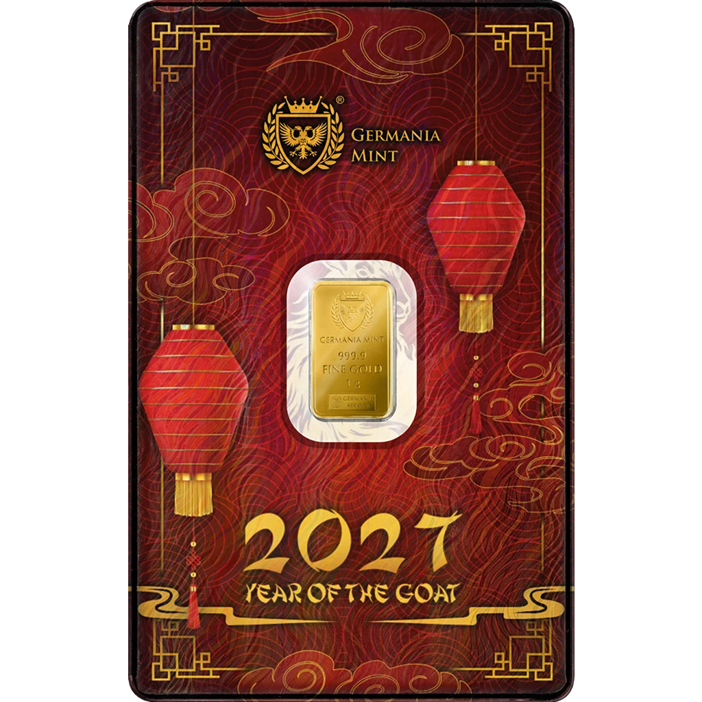 2027 Germania Mint Year of the Goat Minted 1g Gold Bar in Card - CoinsTV