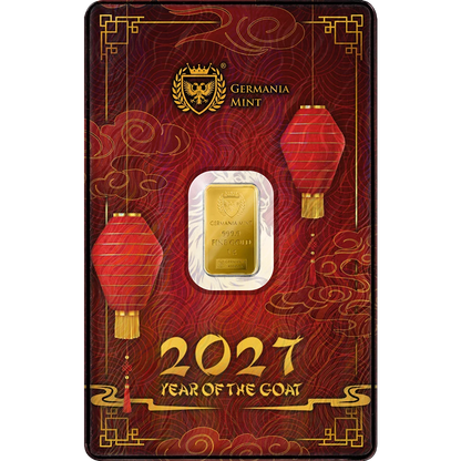 2027 Germania Mint Year of the Goat Minted 1g Gold Bar in Card - CoinsTV
