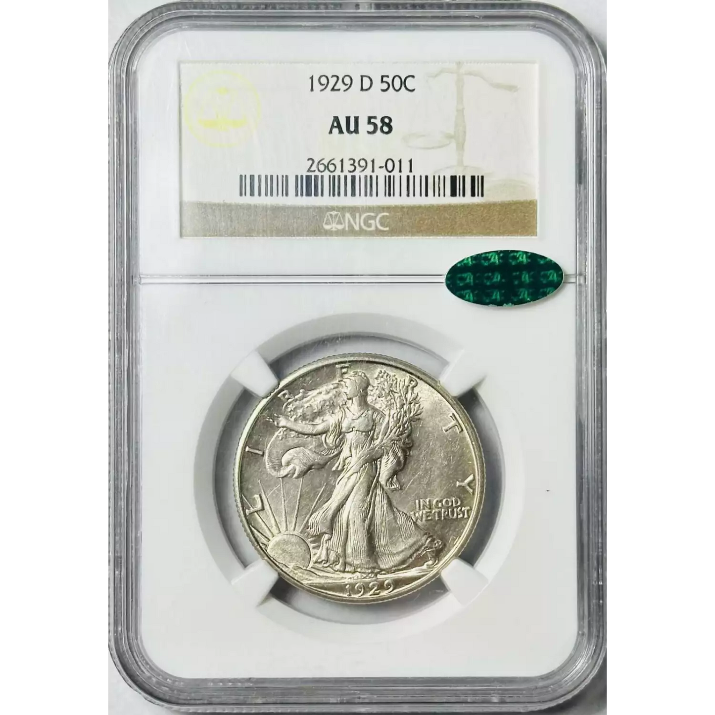 1929 D Walking Liberty Silver Half Dollar Denver - NGC AU58 CAC - CoinsTV