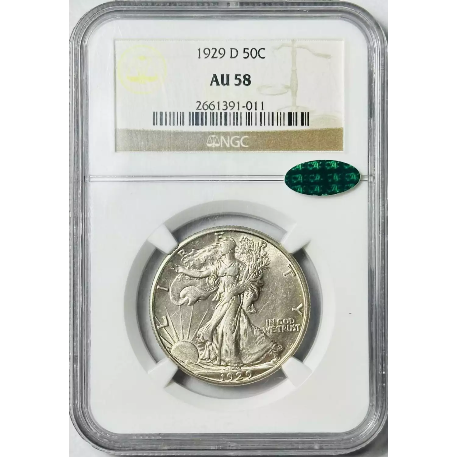 1929 D Walking Liberty Silver Half Dollar Denver - NGC AU58 CAC - CoinsTV