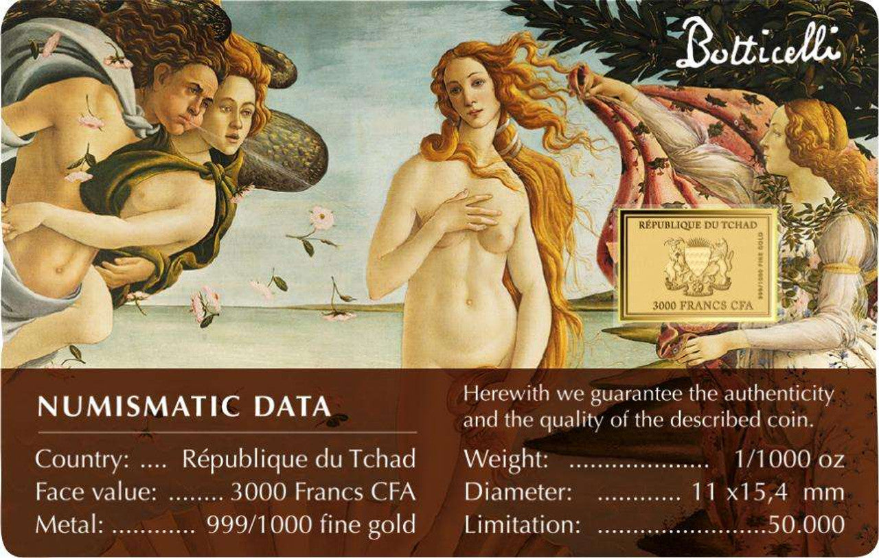 Chad Birth of Venus 1/1000 oz Gold Coin in Card - CoinsTV