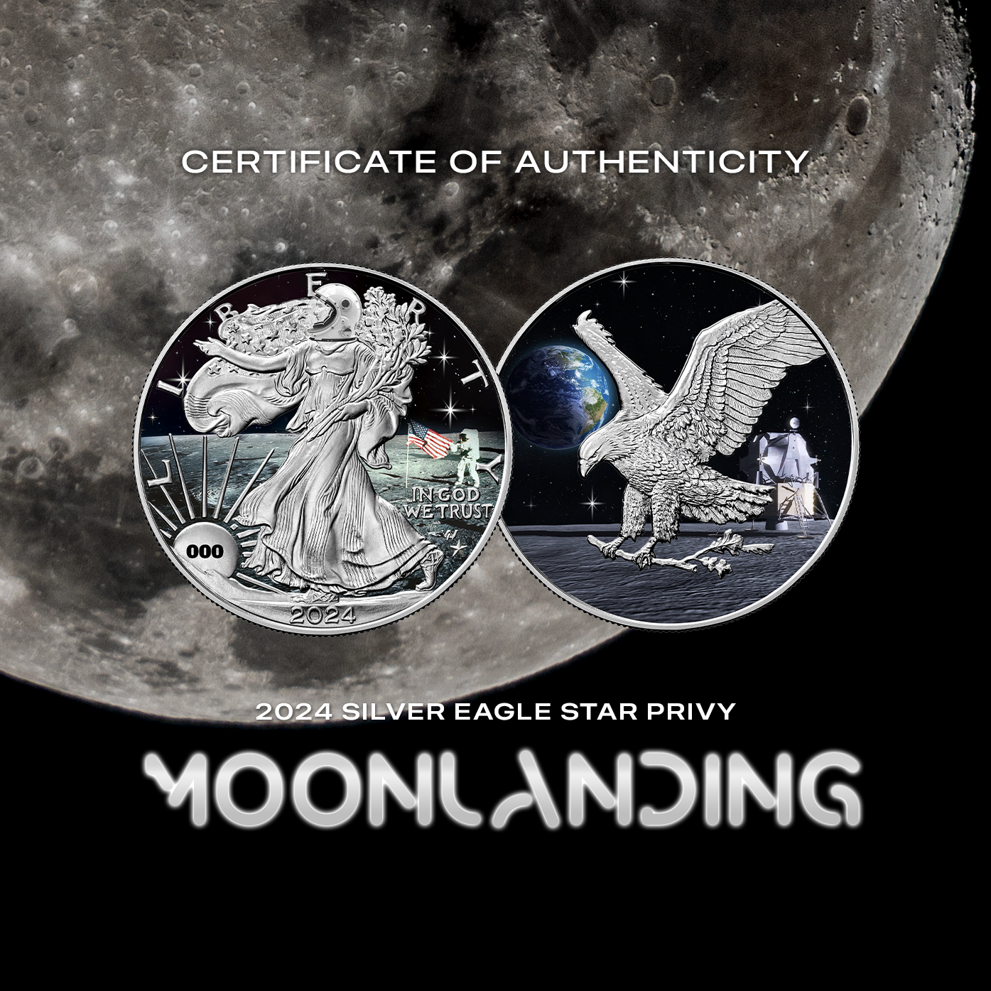2024 Chromatics Moon Landing Silver Eagle Star Privy - CoinsTV