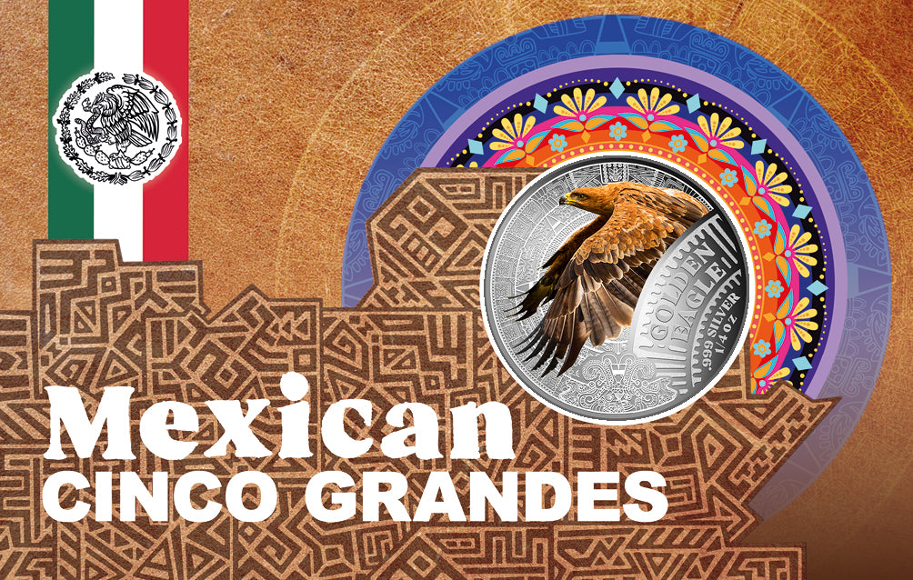 2026 Cameroon Mexican Cinco Grandes Golden Eagle 1/4 oz Silver Coin in Card - CoinsTV